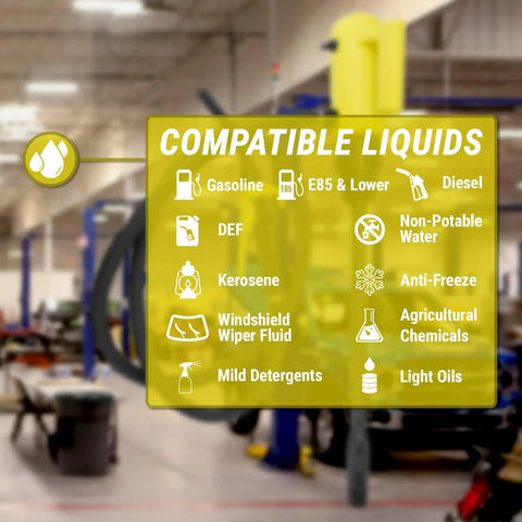 Heavy Duty Electric 55 Gallon Drum Liquid Transfer Pump With Adjustable Telescopic Suction Tube And Stainless Steel Filter showing compatible liquids list.