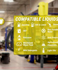 Information on compatible liquids for Trouble Free Trucker Tested 12 Volt Electric Fuel Drum Pump including gasoline and diesel.