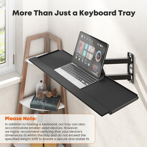 Heavy Duty Wall Mount Keyboard Tray With Adjustable Articulating Arm And Expanded Metal Deck boosting desk setup with laptop.