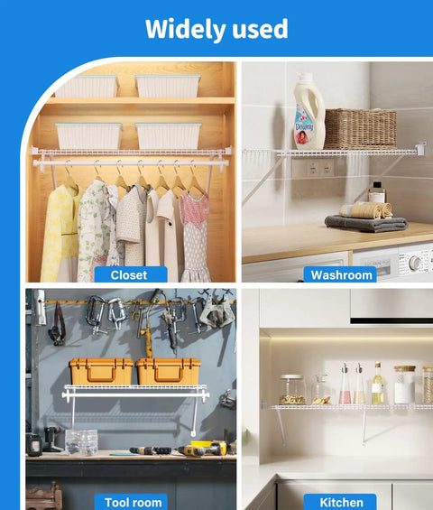 Six Pack White Wire Shelf Brackets For Twelve Inch Closets With Heavy Duty Anchors Screws And Clips used in closets, washrooms, tool rooms, and kitchens.