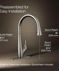 Top Shelf Pull Down Kitchen Sink Faucet With Smooth Glide Retractable Hose And Dual Function Sweep Sprayhead Built Tough For Lightning Fast Cleanup In Classic Vibrant Stainless Finish, with dimensions.