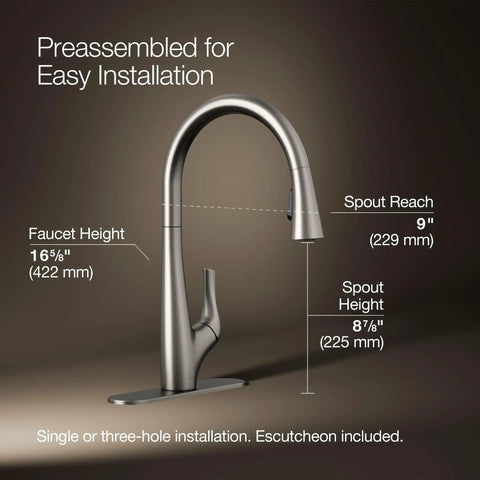 Top Shelf Pull Down Kitchen Sink Faucet With Smooth Glide Retractable Hose And Dual Function Sweep Sprayhead Built Tough For Lightning Fast Cleanup In Classic Vibrant Stainless Finish, with dimensions.