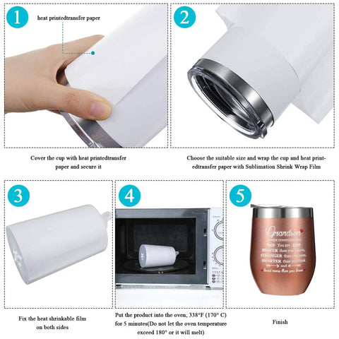 Sublimation Heat Shrink Wrap Sleeves Kit 50 Pieces In 5 Sizes 9x14 8x8 7x11 5x10 4x3 Inch For DIY Tumblers Mugs And More on cup