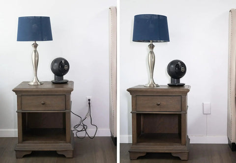Hide Bulky Cords With A Flat Outlet Concealer And 3 Foot Extension Cord Kit used behind nightstand for discreet cord management in small spots