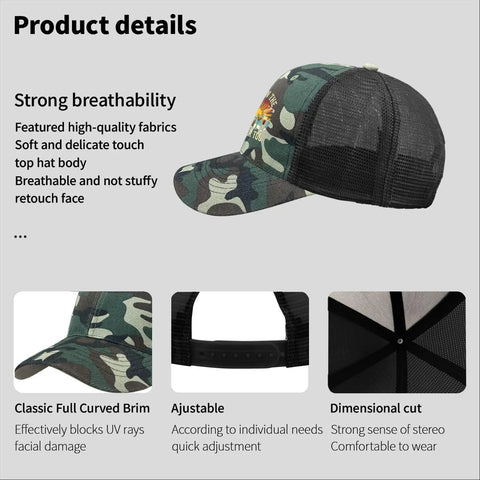 Everyday Camouflage Trucker Cap For Men, Dope Yet Practical Athletic Hat, side view showing breathable mesh and camo print.