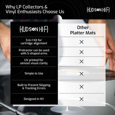 Comparison chart highlighting features of Hudson Hifi turntable platter mat versus others, showing advantages for vinyl enthusiasts.