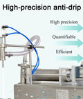 Straight Up Automated Pneumatic Liquid Filling Machine With Bulletproof Stainless Steel Build And No Drip Nonsense Nozzle close-up of filling nozzle and machinery features.