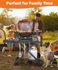 Foldable Grill Cart Stand for Weber Q Series with gas cylinder shelf in use during a family camping trip.