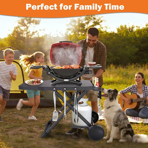 Foldable Grill Cart Stand for Weber Q Series with gas cylinder shelf in use during a family camping trip.