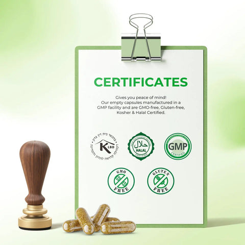 Clipboard with certificates for Size 0 Empty Vegan Capsules Kit for DIY Supplements Clear Plant Based Caps Gluten Free Non GMO Halal
