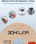 3DHojor PLA-Lite Filament 1.75mm on cardboard spool showing safety, extrusion, and clog-free features.