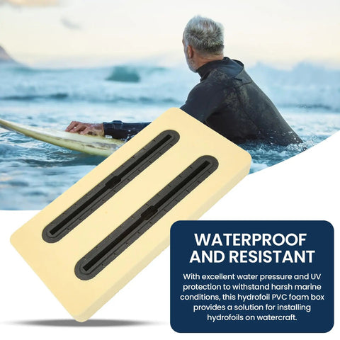 Beefy Lightweight PVC Foam Box For Hydrofoil Mounting, shown near surfer, stable track rail box withstands high water pressure
