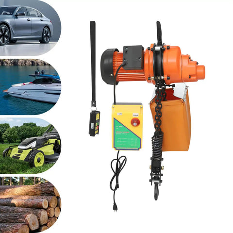 Tough As Nails 1300W Electric Chain Hoist Featuring Pure Copper Motor, remote control, and dual chain for lifting jobs.