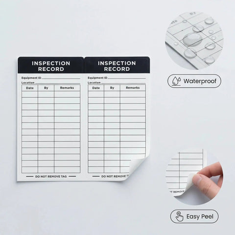 500 Count Black 6x3 Inch Self Adhesive Inspection Stickers for equipment maintenance showing waterproof and easy peel features.