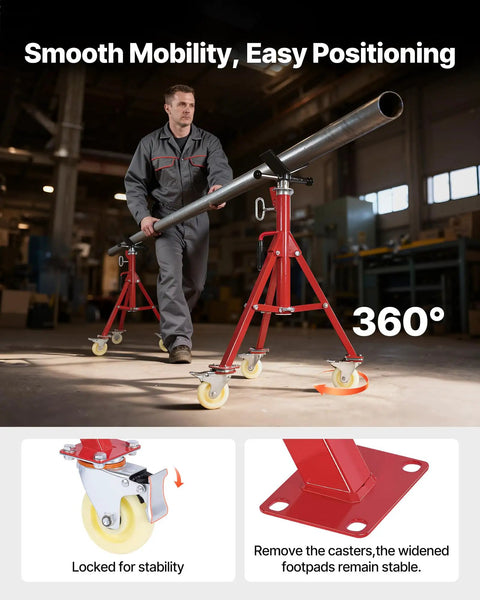 Man using Heavy Duty Pipe Stand With Casters, Adjustable Height From 28 To 52 Inches, V Head Supports Pipes, in workshop.
