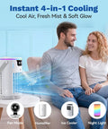 Four In One Portable Evaporative Air Cooler With Ice Water Cooling Mist in white, on a table beside a couple on a couch.