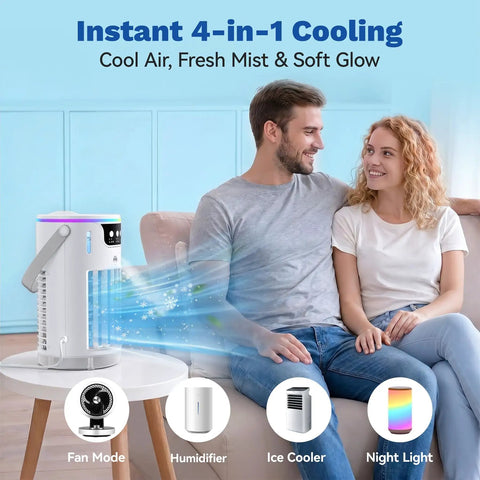 Four In One Portable Evaporative Air Cooler With Ice Water Cooling Mist in white, on a table beside a couple on a couch.