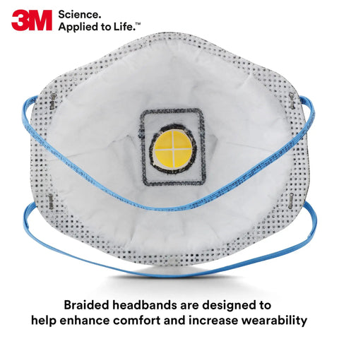Front view of P95 NIOSH Approved Particulate Respirator With Cool Flow Exhalation Valve and blue braided headbands.