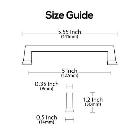 Size guide for Ten Pack Polished Chrome Cabinet Pulls With Five Inch Hole Centers, showing dimensions in inches and mm.