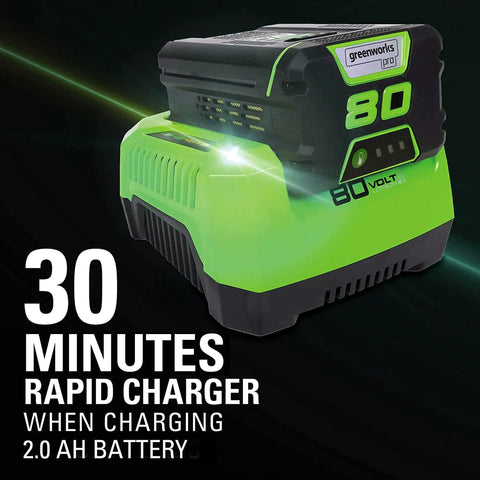 80V Brushless Cordless Chainsaw With 18 Inch Bar And Smart Auto Oiler Built For No Sweat Backyard Cleanup And Quick Branch Trimming Featuring Rapid Snap Tension Dial And Slick Gas Free Cutting Action For Serious Yard Maintenance Jobs charger with green and black design.