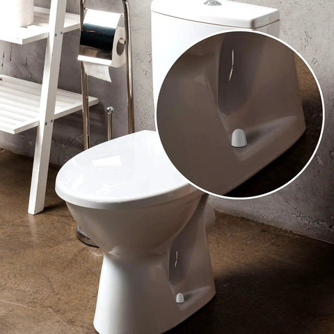 A white bathroom with a close-up of 32 Pack Universal Toilet Bolt Caps Plastic Round Push On Screw Covers With Extra Washers on toilet base.