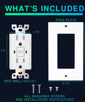 Image showing included parts: GFCI wall outlet, face plate, screws from 15 Amp GFCI Outlet With LED Indicator Tamper Resistant Safe Indoor Outdoor Receptacle With Wall Plate And Screws UL Listed 10 Pack Great For Home And Job Site Power Needs.