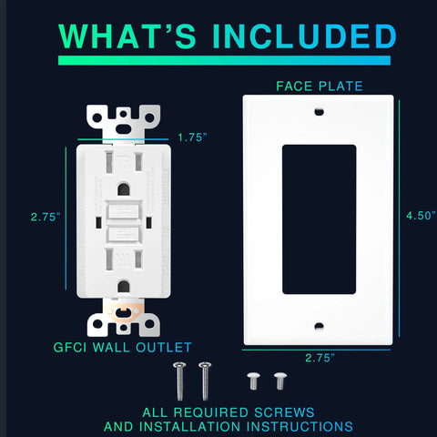 Image showing included parts: GFCI wall outlet, face plate, screws from 15 Amp GFCI Outlet With LED Indicator Tamper Resistant Safe Indoor Outdoor Receptacle With Wall Plate And Screws UL Listed 10 Pack Great For Home And Job Site Power Needs.