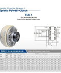 FLB-1 magnetic powder clutch diagram and specifications, focusing on hollow shaft design for precision machines.