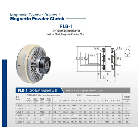 FLB-1 magnetic powder clutch diagram and specifications, focusing on hollow shaft design for precision machines.