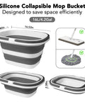 Collapsible 16L Mop Bucket, BPA Free Silicone And PP, showing folded and expanded views with measurements.