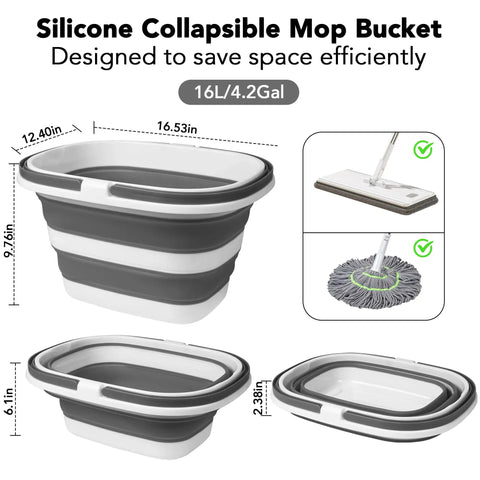Collapsible 16L Mop Bucket, BPA Free Silicone And PP, showing folded and expanded views with measurements.