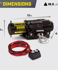 Rugged 3500 Pound ATV And UTV Synthetic Rope Winch Kit With 1.4 Horsepower DC Motor shown with dimensions and weight