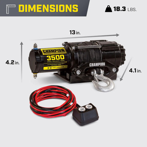 Rugged 3500 Pound ATV And UTV Synthetic Rope Winch Kit With 1.4 Horsepower DC Motor shown with dimensions and weight