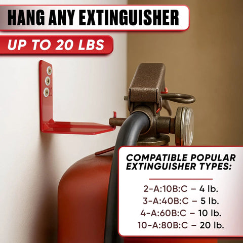 Heavy Duty Fire Extinguisher Mount Brackets Set Of 4 With Wall Hooks And Quick Install Holders Includes Screws Anchors And Gaskets Holds Up To 20 Lb For Garage Workshop And Home Cabinets