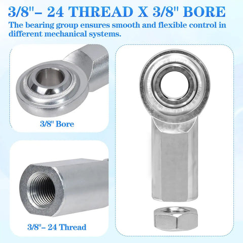 Three Eighths Inch Rod End Bearings Heim Joints Set Of Four With Right Hand Female Thread And Bore Three Eighths Self Aligning High Load Capacity Low Noise Corrosion And Wear Resistant Lock Nut Bushing Assembly For Heavy Duty Linkages, 3/8-24 thread