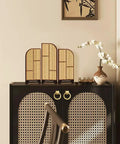 Gold ring cabinet pulls on woven pattern doors with decorative items; no visible focus keyword for Beefy 4 Pack 2-1/2 Inch Solid Cupboard Knobs Zinc Alloy Vintage Ring Cabinet Pulls Gold Round Dresser Drawer Knobs With Screws For Kitchen Cabinets And Dressers Easy Install Durable Rust Resistant Hardware.