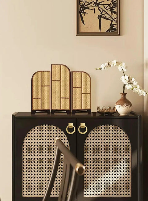 Gold ring cabinet pulls on woven pattern doors with decorative items; no visible focus keyword for Beefy 4 Pack 2-1/2 Inch Solid Cupboard Knobs Zinc Alloy Vintage Ring Cabinet Pulls Gold Round Dresser Drawer Knobs With Screws For Kitchen Cabinets And Dressers Easy Install Durable Rust Resistant Hardware.