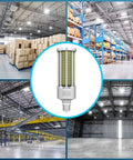 Collage of 2800W Equivalent LED Corn Light Bulb 240W 5000K Daylight 34600 Lumens in industrial spaces and warehouses