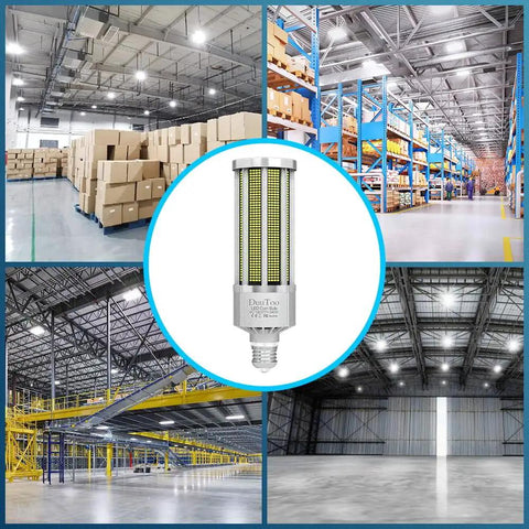 Collage of 2800W Equivalent LED Corn Light Bulb 240W 5000K Daylight 34600 Lumens in industrial spaces and warehouses