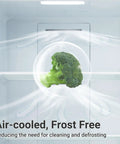 Inside view of Huge 21 Cube Upright Freezer No Sweat Frost Free Top Tier Stainless Housing with air-cooled broccoli.