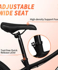 Adjustable wide seat on Kids Mountain Bike 20 And 24 Inch For Ages 6 To 12, highlighting high-density foam and quick release lever.