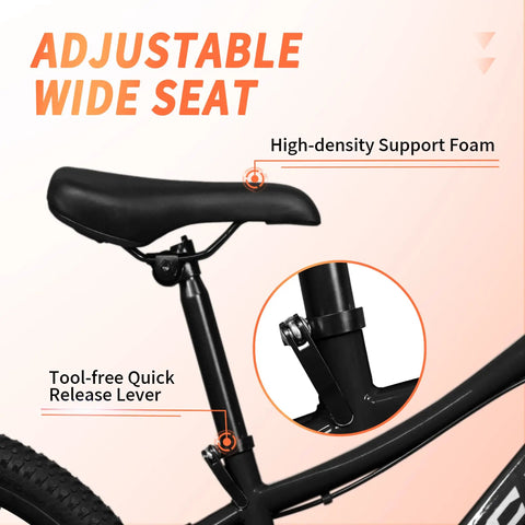 Adjustable wide seat on Kids Mountain Bike 20 And 24 Inch For Ages 6 To 12, highlighting high-density foam and quick release lever.