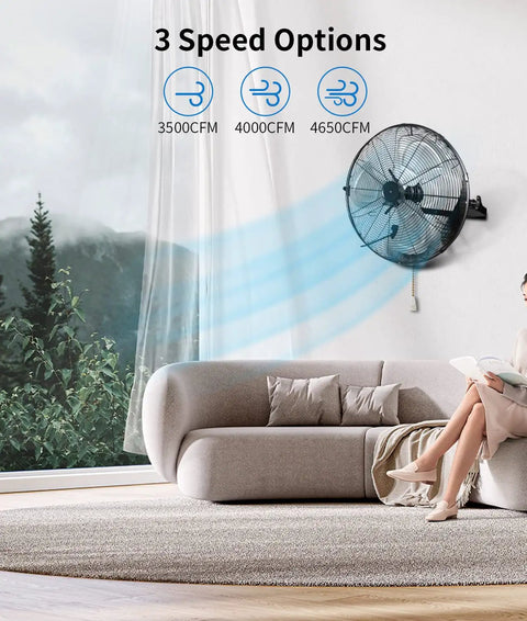 20 Inch High Velocity Wall Mount Fan With Three Speed Heavy Duty Beefy PSC Motor Easy Operation 270 Degree Tilting in living room