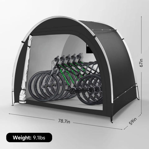 Heavy Duty Outdoor Bike Storage Tent Shed Waterproof Shelter 6.56x4.92x5.58ft with bikes inside, black portable cover