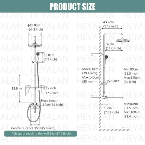 Dimensions of Matte Black Exposed Pipe Shower Kit With 8 Inch Rainfall Shower Head And One Handle Faucet detailing size and components