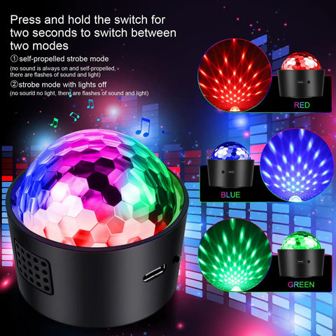 Mini Disco Ball Light Rechargeable Party LED Lamp With Sound Activated Strobe DJ Mode Portable Battery Operated Night Projector with color modes.