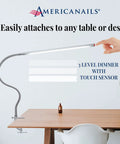 FlexiLamp Touch LED Nail Salon Table Lamp shown attached to a desk with removable clamp and flexible arm