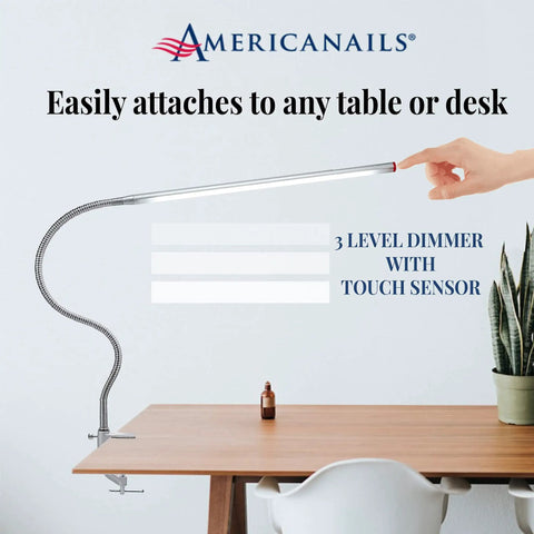 FlexiLamp Touch LED Nail Salon Table Lamp shown attached to a desk with removable clamp and flexible arm