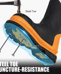 Steel Toe Rubber Boots For Men With Puncture Proof Steel Shank Waterproof Insulated 6mm Neoprene Work Boots With Reflective Strips For Farming Manufacturing And Construction Black Orange Size 8 highlighting steel toe and puncture resistance.