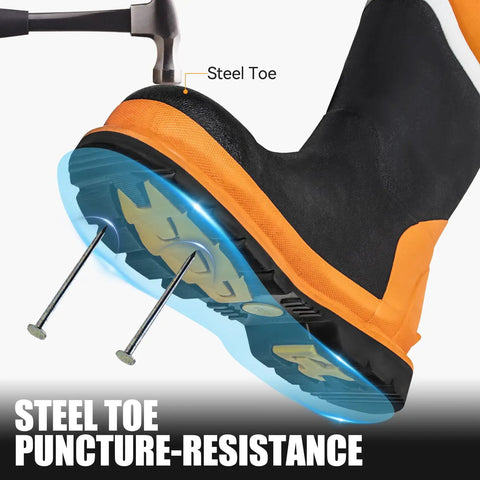 Steel Toe Rubber Boots For Men With Puncture Proof Steel Shank Waterproof Insulated 6mm Neoprene Work Boots With Reflective Strips For Farming Manufacturing And Construction Black Orange Size 8 highlighting steel toe and puncture resistance.